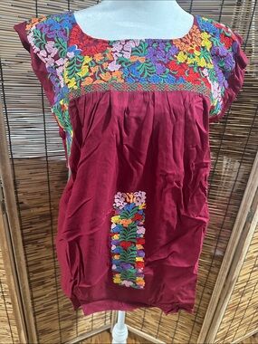 Hand-Embroidered Maroon Floral Tunic Top, lined